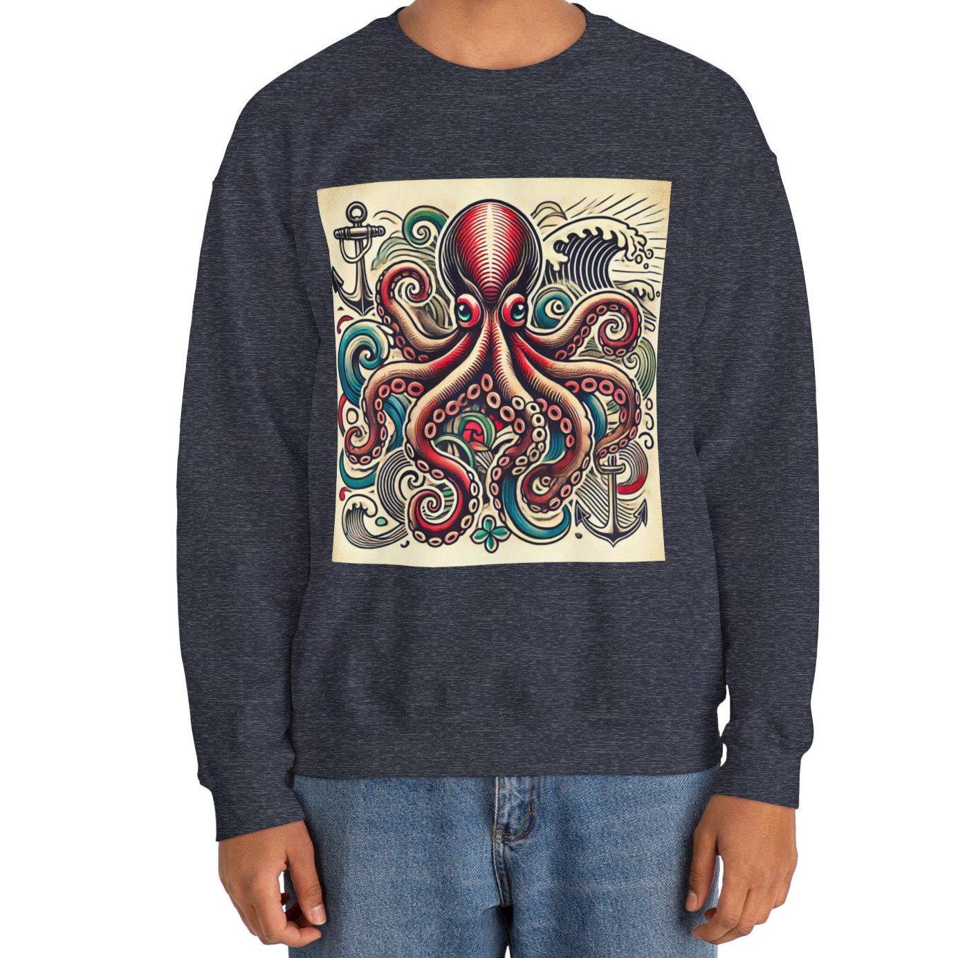 Octopus Sweatshirt, Nautical Sailor Tattoo Design, Unisex Crewneck Jumper, Vintage Sea Creature Pullover, Gift for Ocean Lover, Retro Style