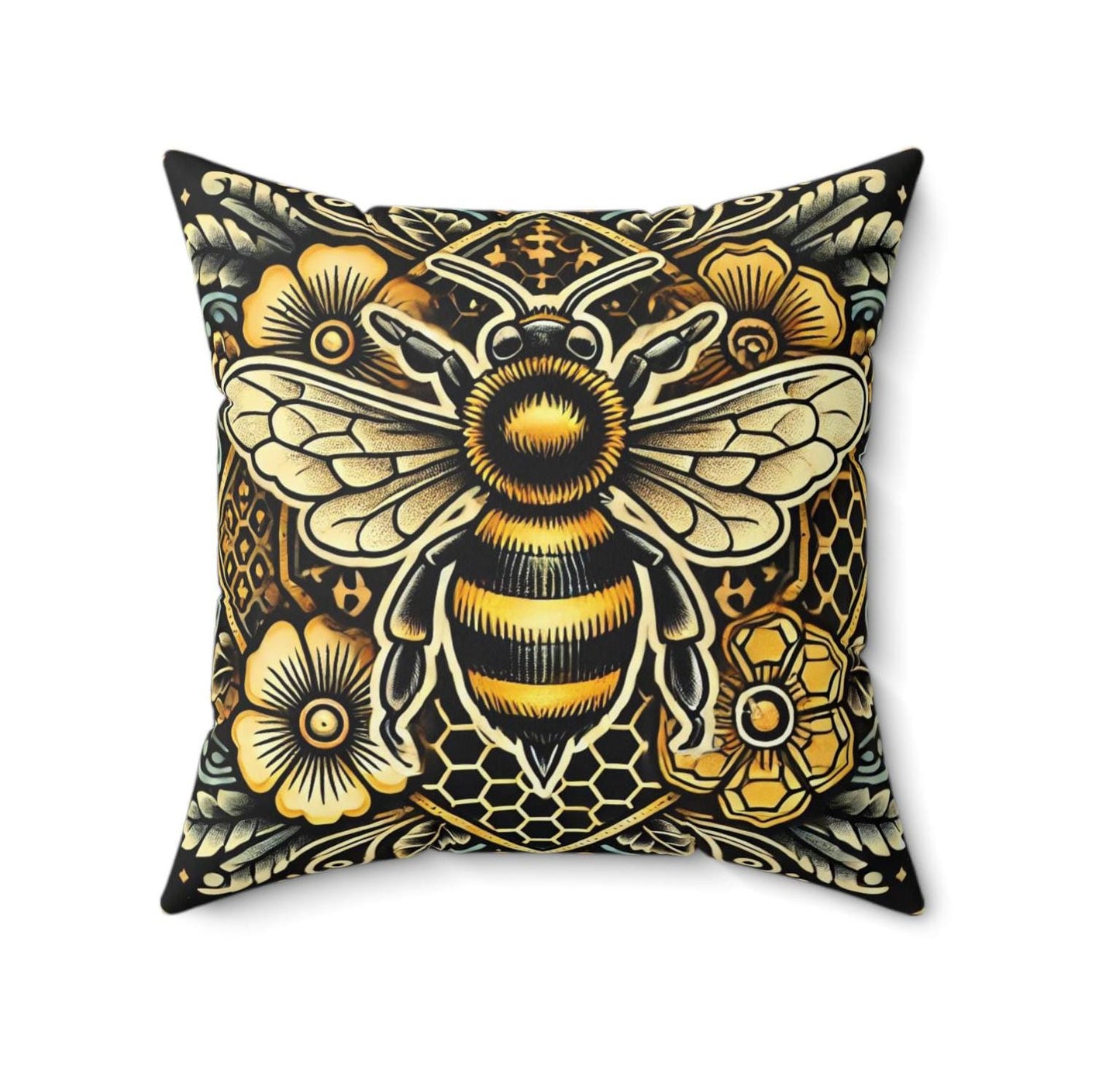 Honey Bee Square Pillow, Vintage Tattoo Design, Retro Charm, Housewarming Gift, Spun Polyester Cushion Cover, Nature Lover, Throw Pillow