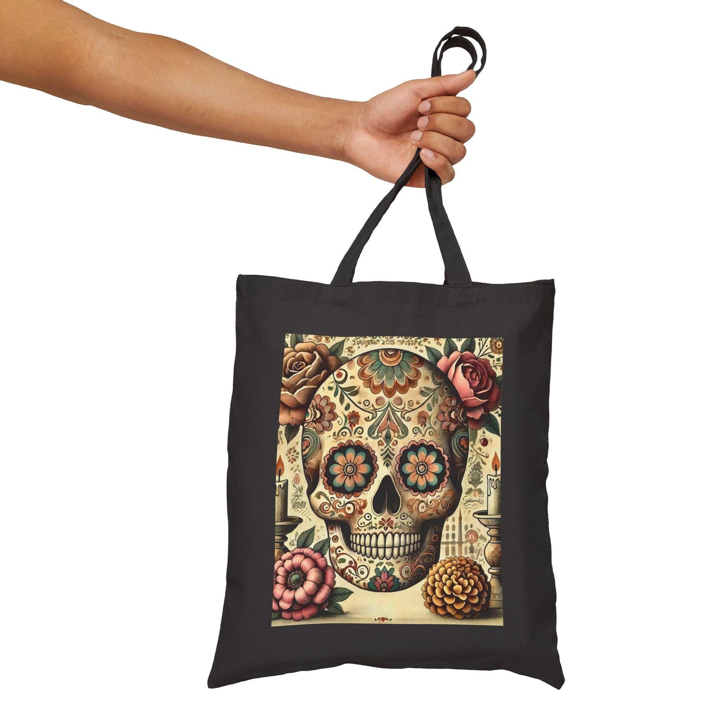 Sugar Skulls Cotton Canvas Tote Bag, Day of the Dead, Durable Market Bag, Boho Shopping Tote, Reusable Grocery Bag, Eco-Friendly Bag
