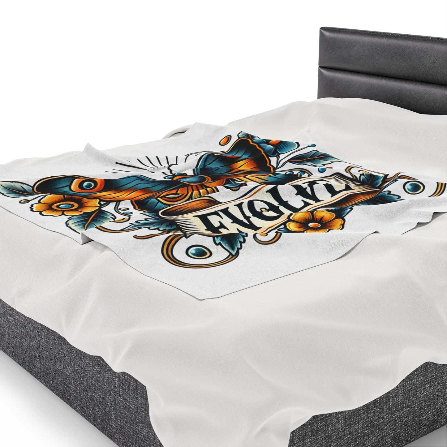 Butterfly Plush Blanket - Vintage Tattoo EVOLVE Design, Fleece Throw, Housewarming Gift, Nature Theme, Warm Bedding, Tattoo Lover