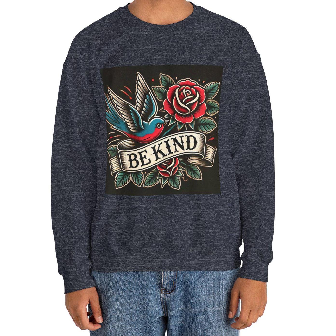 Vintage Tattoo Sweatshirt, BE KIND Tattoo Design, Unisex Crewneck Jumper, Vintage Pullover, Gift for Tattoo Lover, Retro Style