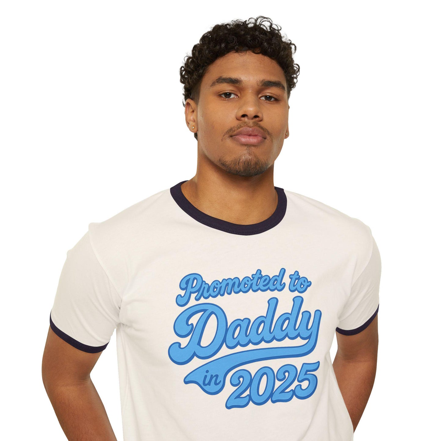 Customizable 'Promoted to Daddy 2025' Ringer T-Shirt, Father's Day Gift, New Dad Announcement Tee, Gender Reveal Shirt, Unisex Cotton Top
