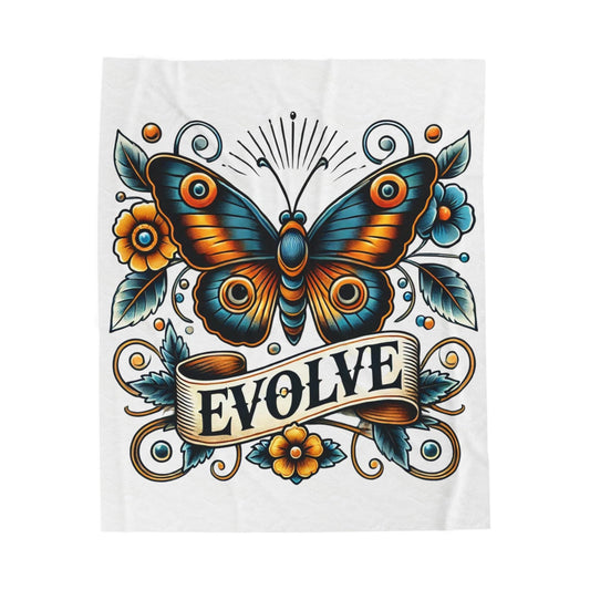 Butterfly Plush Blanket - Vintage Tattoo EVOLVE Design, Fleece Throw, Housewarming Gift, Nature Theme, Warm Bedding, Tattoo Lover