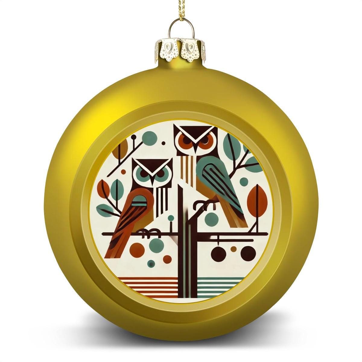 Ornament Set of 2 or 4, Festive Holiday Decor, Christmas Ball Decoration, Custom Mid-Century Modern Design, Owl Lover, Unique Tree Trim