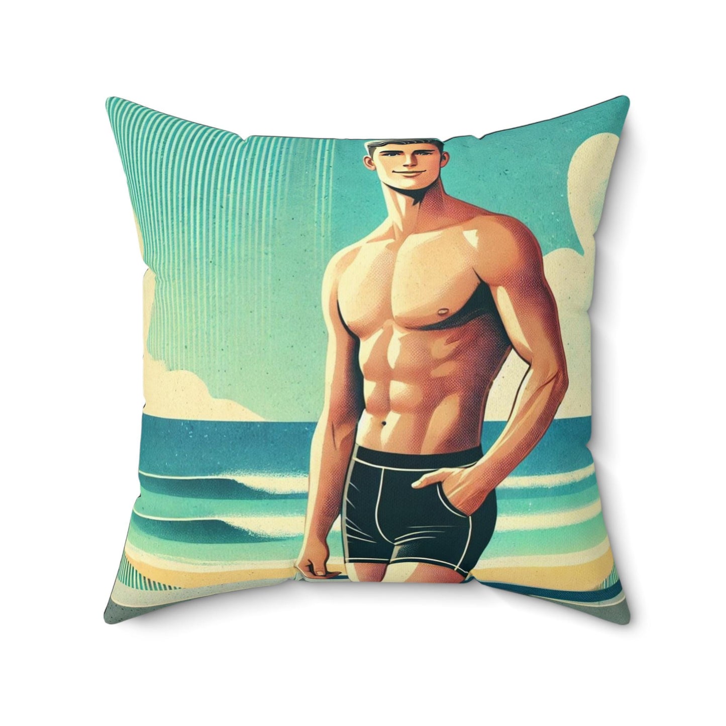 Beach Twink Pillow, Vintage Pop Art Design, Retro Charm, LGBT Gay Housewarming Gift, Soft Square Throw Pillow, Twunk Hunk Cutie, Beach Boy