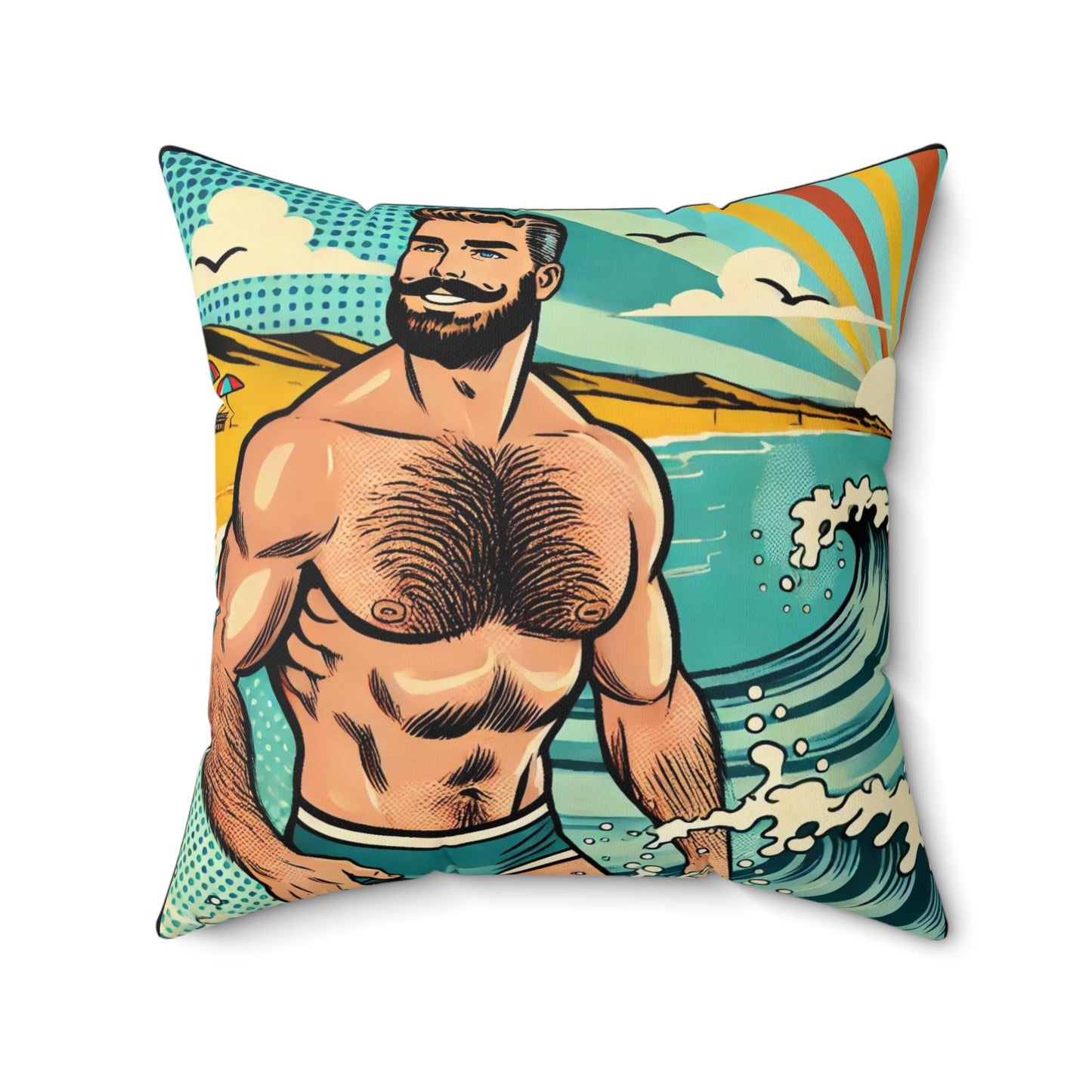 Beach Daddy Square Pillow, Vintage Pop Art Design, Retro Charm, LGBT Housewarming Gift, Beach Surfer Lover, Soft Throw Pillow, Rough Trade