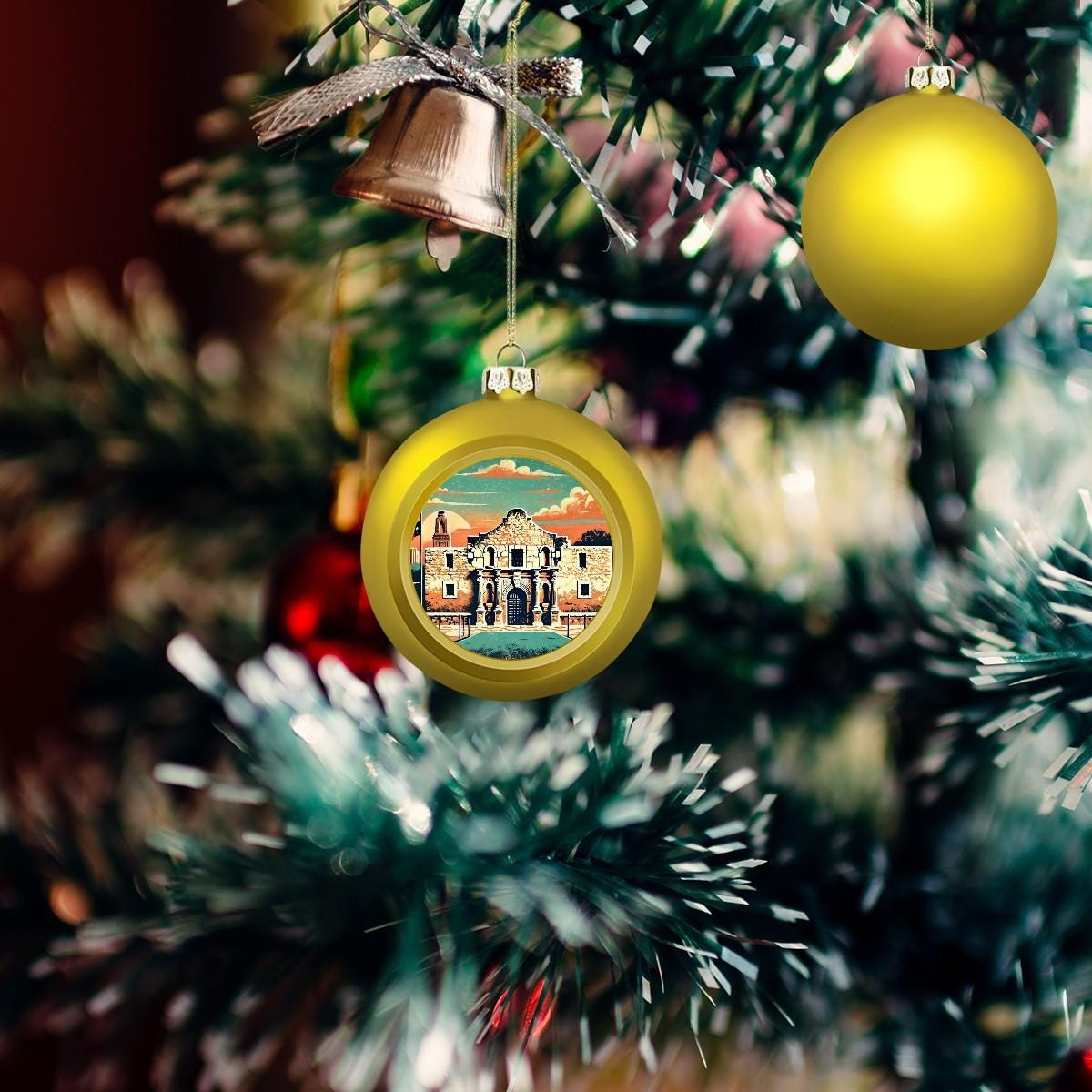 Ornament Set of 2 or 4, Festive Holiday Decor, Christmas Ball Decoration, Custom Texas Alamo Design, San Antonio Travel Gift, Texan Gift