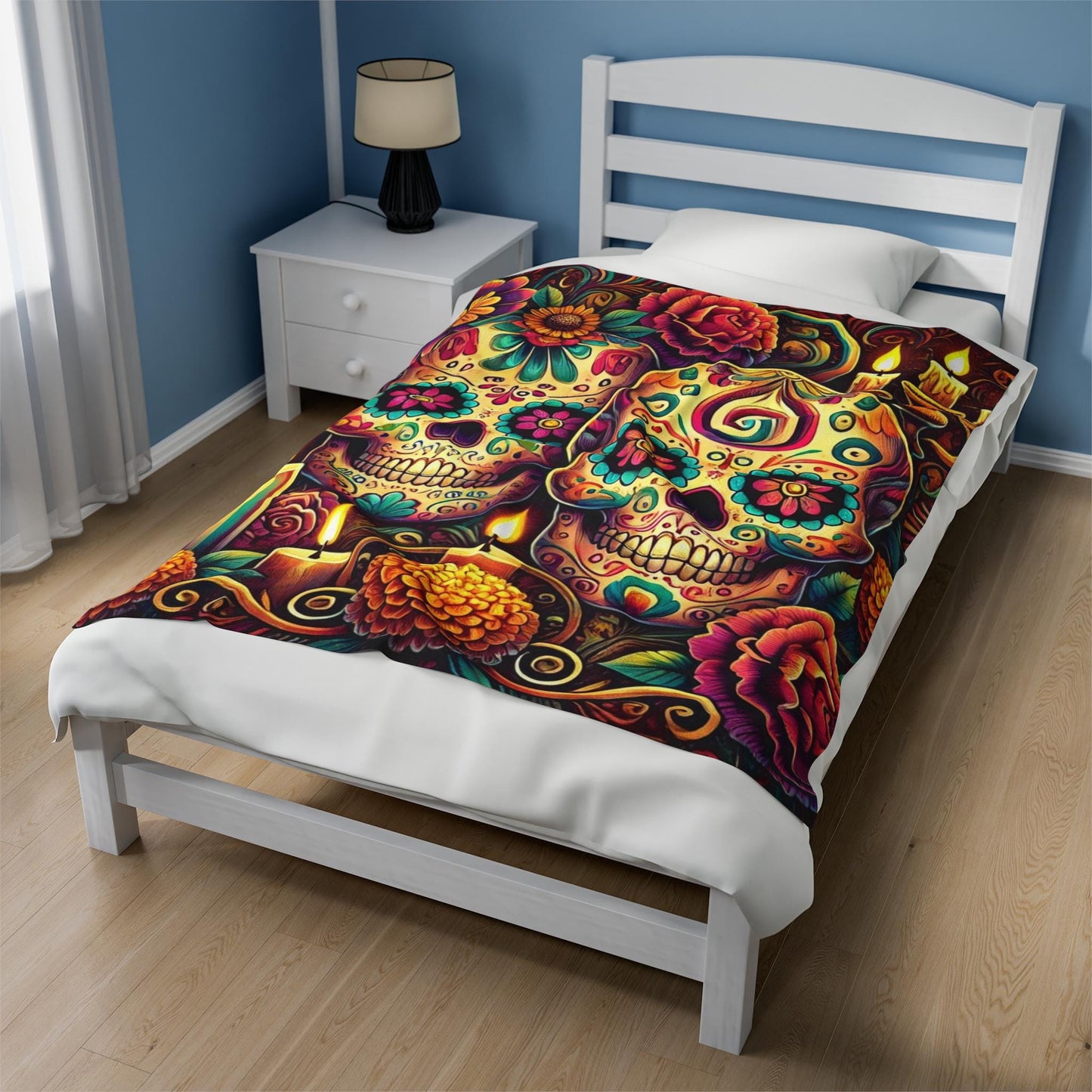 Plush Blanket, Day of the Dead, Sugar Skulls, Housewarming Gift, Soft Fleece Throw, Warm Bedding, Velveteen Blanket, Home Decor, Halloween