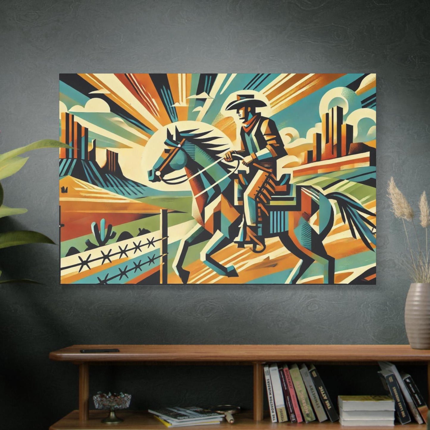Original Modern Cubist Southwestern Canvas Print, Matte Stretched Horse Art, 7 Sizes, Wall Decor, Landscape Painting, Home Office Decor