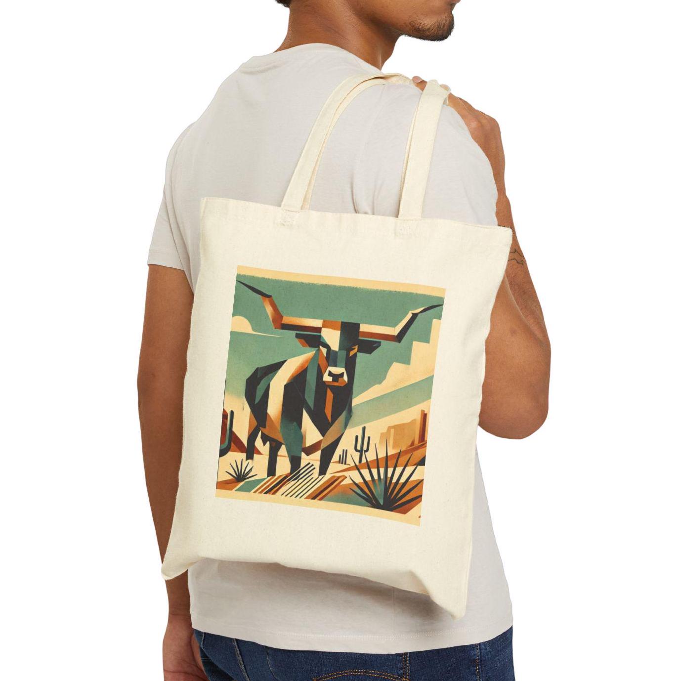 Canvas Tote Bag, Modern Southwestern Texas Longhorn Design, Eco-Friendly Bag, Book Lover Gift, Reusable Shopping Bag, Texas Style