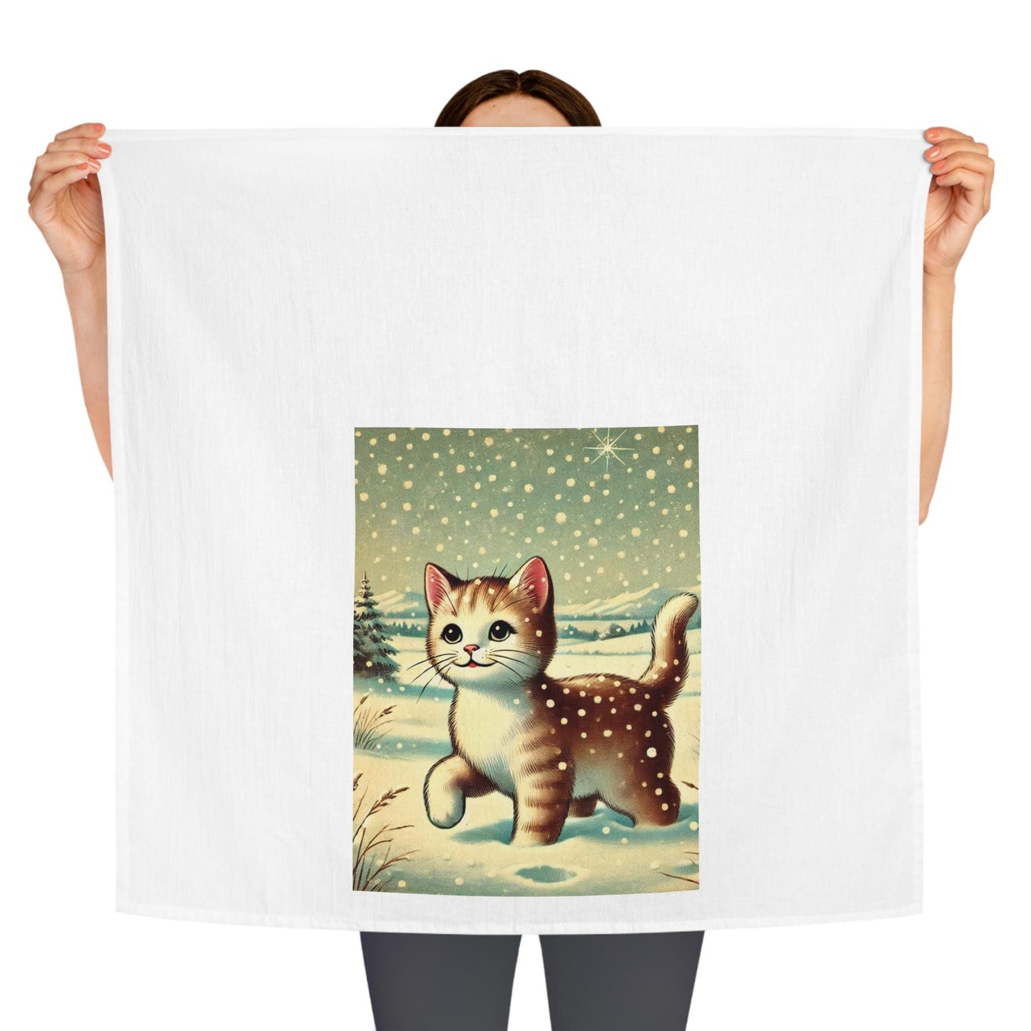 Holiday Tea Towel - Cat Lover, Nostalgic Decor Dish Towel, Winter Kitchen Towel, Farmhouse Tea Towel, Christmas Gift