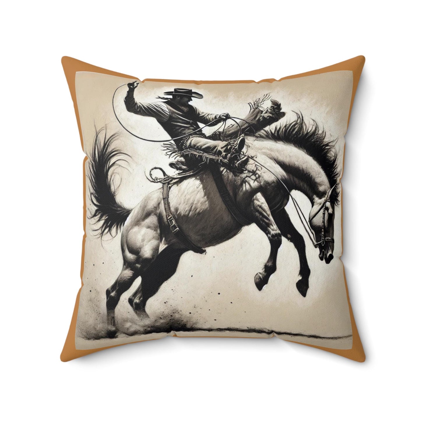 Square Throw Pillow, Charcoal Sketch Cowboy Bucking Bronco Original Design, Retro Western Charm, Rustic Home Decor Housewarming Gift
