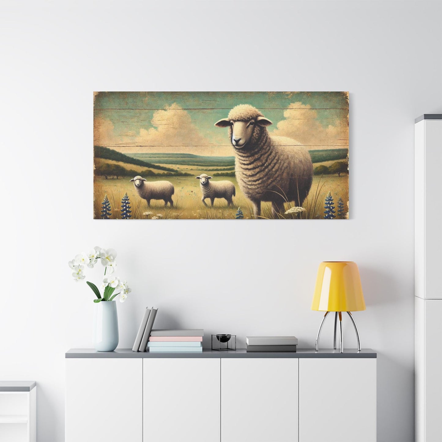 Original Primitive Folk Art Sheep Canvas Print, Matte Stretched Art, 7 Sizes Available, Wall Decor, Landscape Painting, Home Office Decor