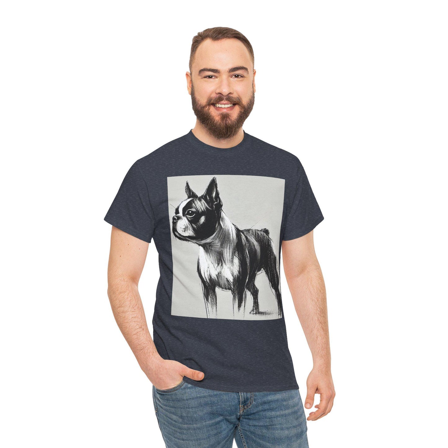 Dog Tee, Boston Terrier Charcoal Sketch Design, Unisex LGBT Boston Dog Lover Gift, Gay Graphic Top, Unisex Heavy Cotton T-shirt, 7 Colors