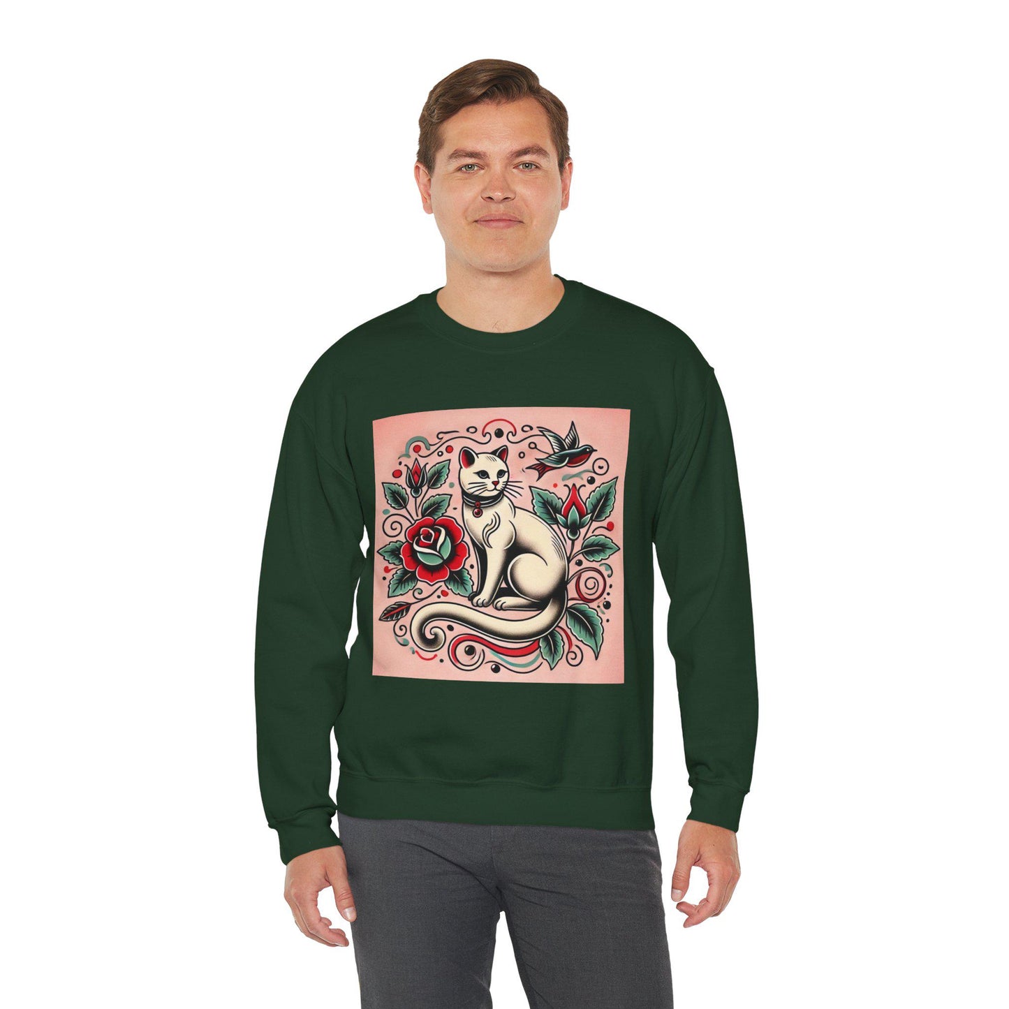 Cat Sweatshirt, Vintage Tattoo Design, Unisex Crewneck Jumper, Bee Pullover, Gift for Cat Lover, Retro Style, Cat Parent