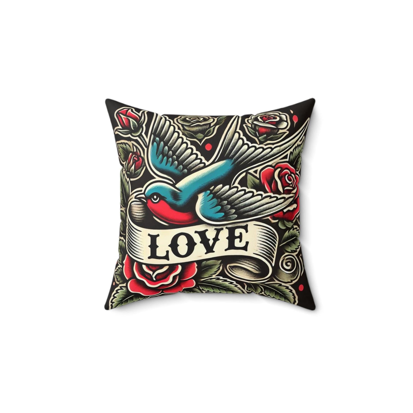 Square Pillow, Vintage Tattoo LOVE Design, Retro Charm, Housewarming Gift, Spun Polyester Cushion Cover, Tattoo Lover, Soft Throw Pillow