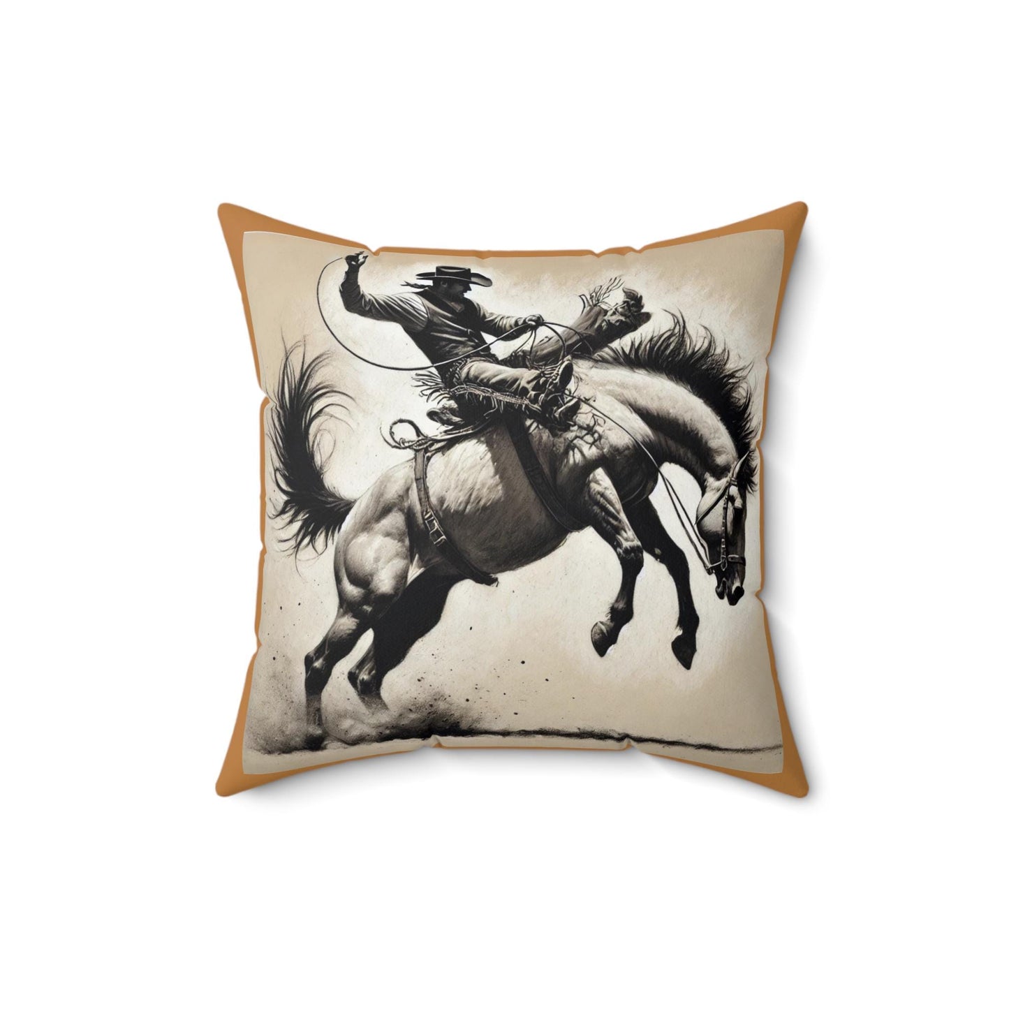 Square Throw Pillow, Charcoal Sketch Cowboy Bucking Bronco Original Design, Retro Western Charm, Rustic Home Decor Housewarming Gift