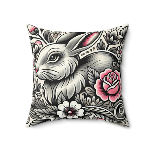Rabbit Square Pillow, Vintage Tattoo Design, Retro Charm, Housewarming Gift, Spun Polyester Cushion Cover, Nature Lover, Throw Pillow