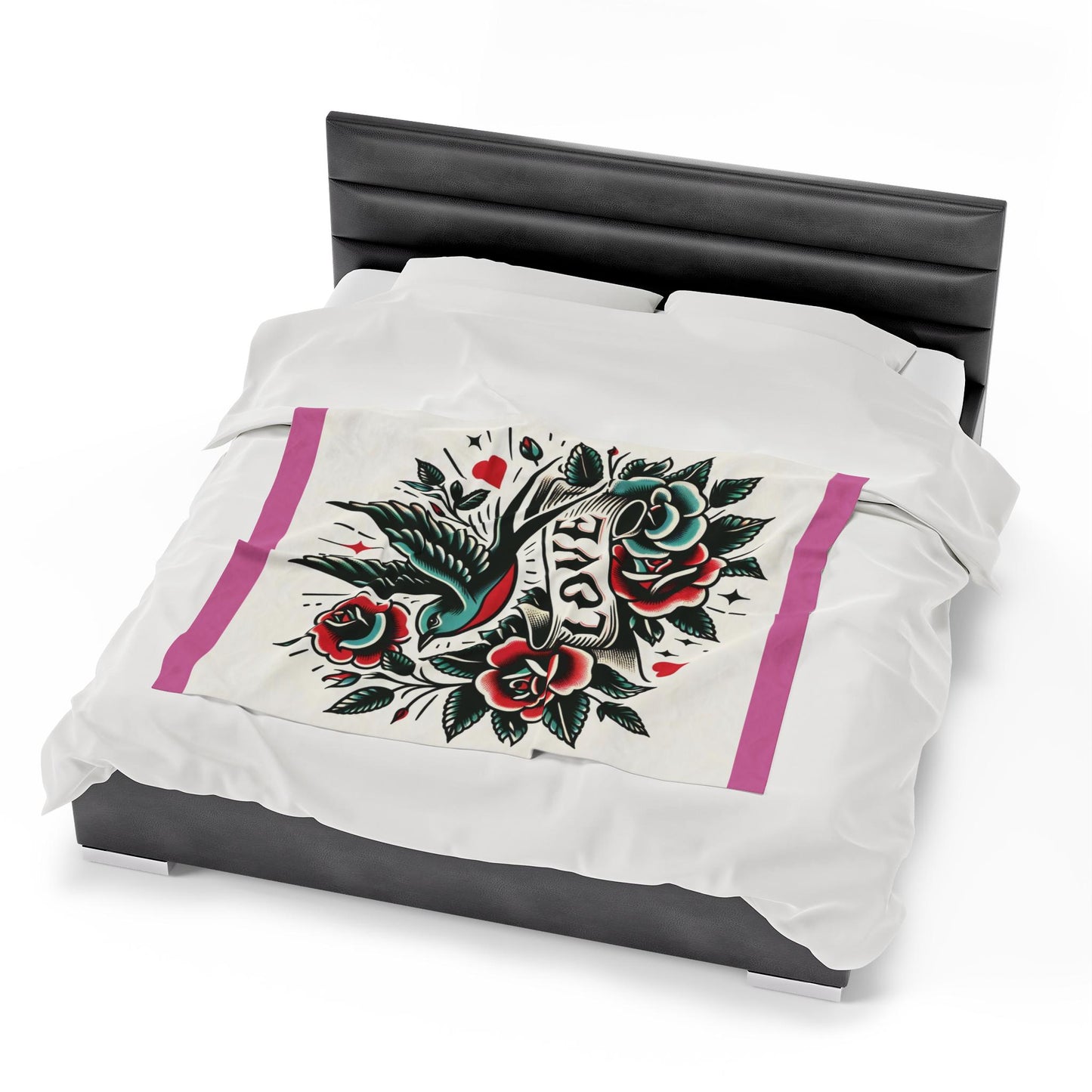 Bird Plush Blanket - Vintage Tattoo LOVE Design, Fleece Throw, Housewarming Gift, Nature Theme, Warm Bedding, Tattoo Lover