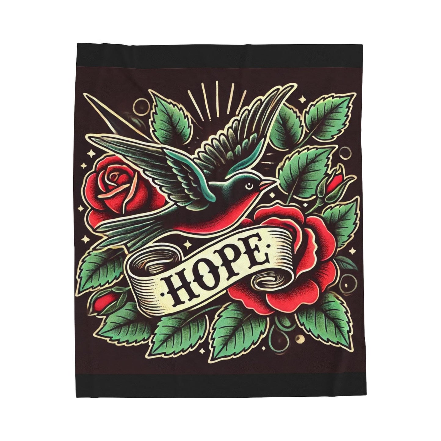 Bird Plush Blanket - Vintage Tattoo HOPE Design, Fleece Throw, Housewarming Gift, Nature Theme, Warm Bedding, Tattoo Lover