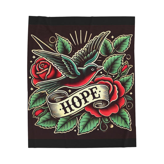 Bird Plush Blanket - Vintage Tattoo HOPE Design, Fleece Throw, Housewarming Gift, Nature Theme, Warm Bedding, Tattoo Lover