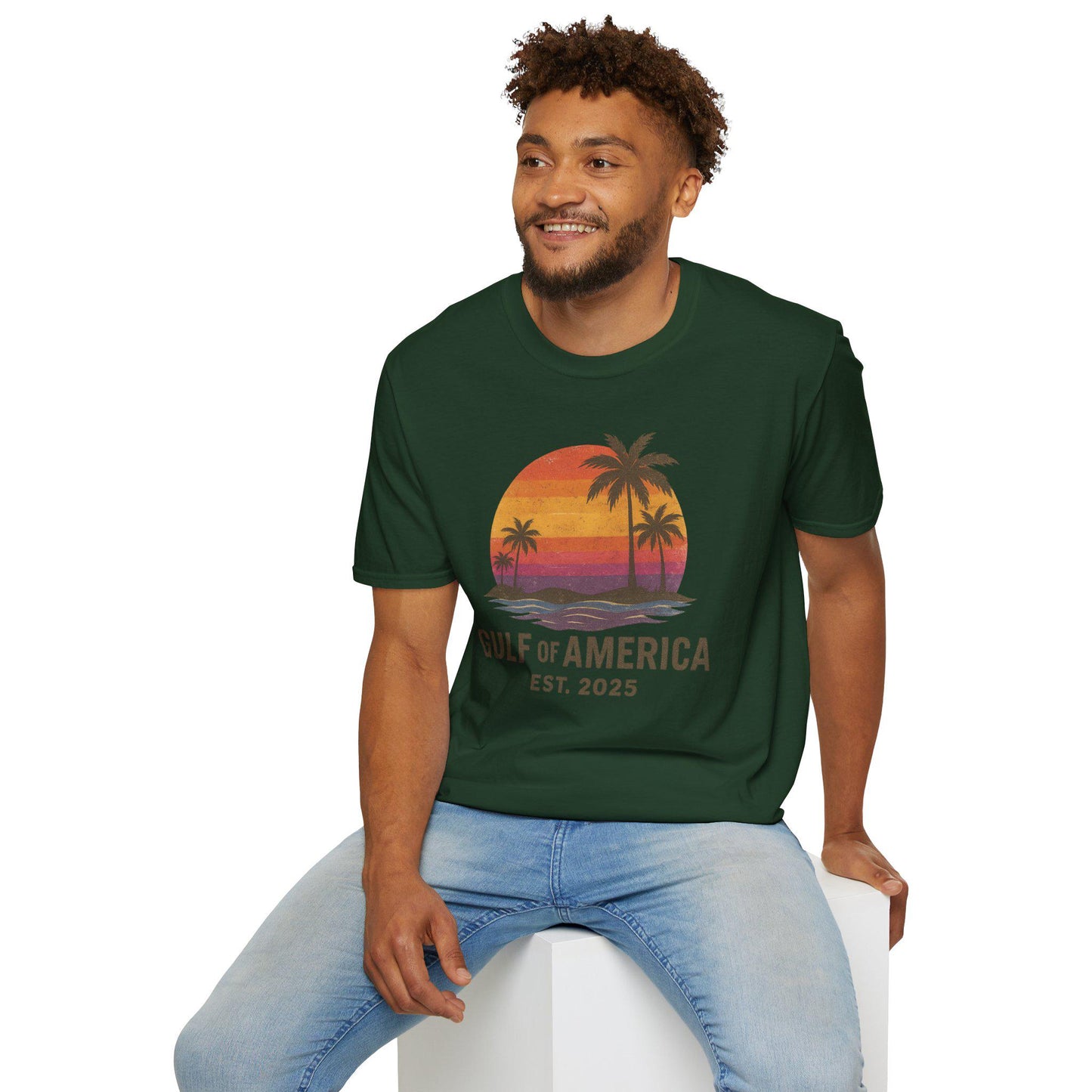 Gulf of America Retro Unisex Softstyle T-Shirt, Beach Sunset Shirt, Summer Vacation Apparel, Tropical Graphic Tee, Great Again Casual Wear