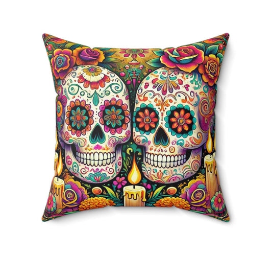Day of the Dead Square Pillow, Colorful Sugar Skulls, Dia de los Muertos Decor, Halloween Pillow, Day of the Dead Gift, 14x14 Pillow
