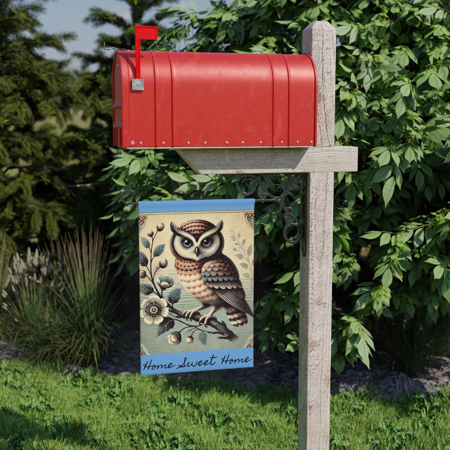 Garden Banner, Blues Owl - Mid-Century Modern Autumn Theme, Nature Lovers Outdoor Flag Decor, Fall Yard Decoration, Garden Wall Art, Owl