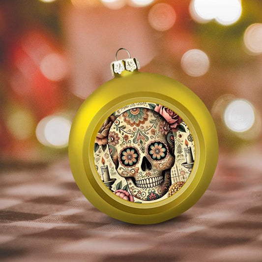 Ornament Set of 2 or 4, Festive Holiday Decor, Christmas Ball Decoration, Custom Sugar Skull Design, Dia de los Muertos, Original Tree Trim