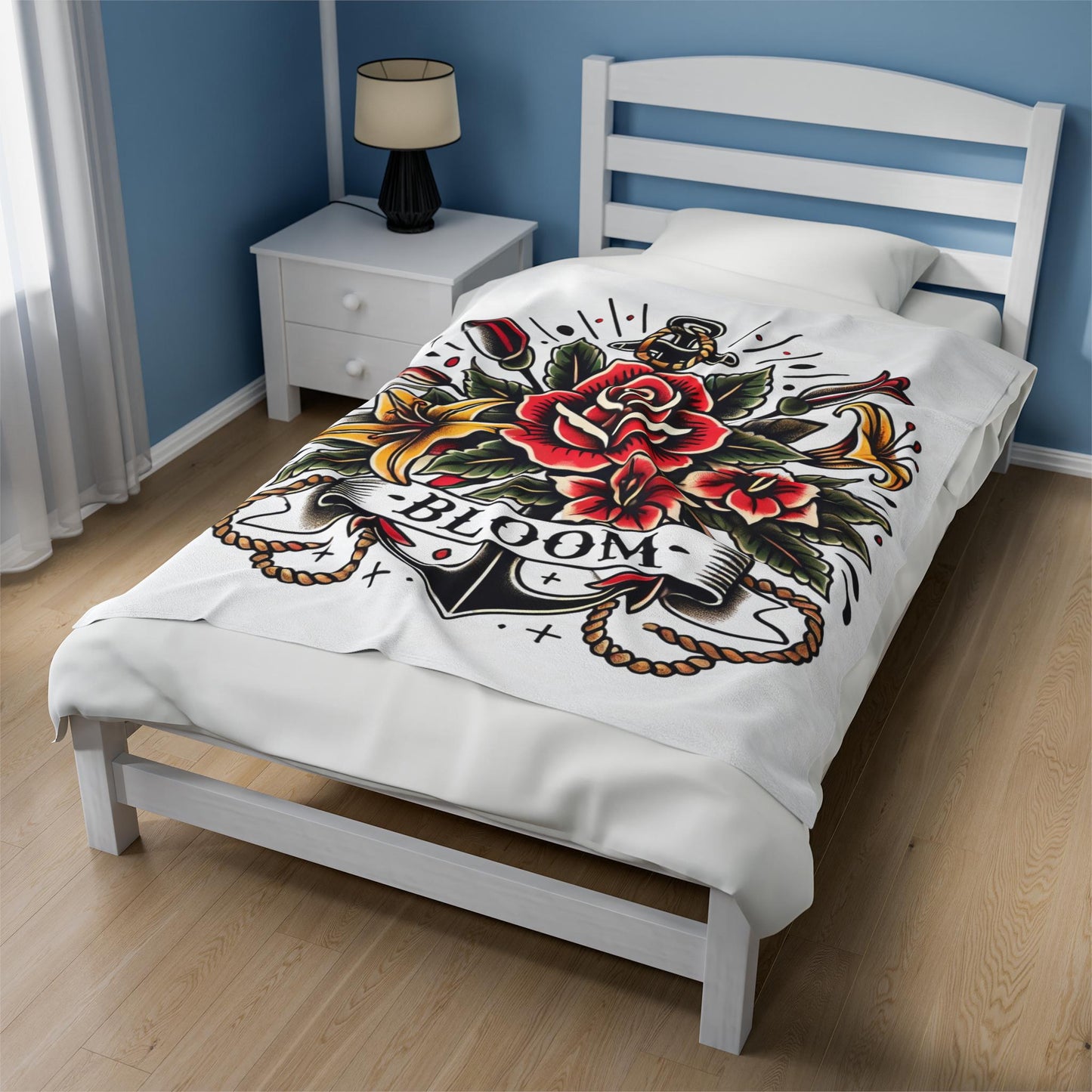 Floral Plush Blanket - Vintage Sailor Tattoo BLOOM Design, Fleece Throw, Housewarming Gift, Nature Theme, Warm Bedding, Tattoo Lover