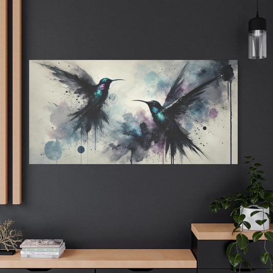 Matte Canvas Art Print, Original Abstract Watercolor NightBird Hummingbirds Portrait, 7 Sizes, Modern Stately Home & Office Decor