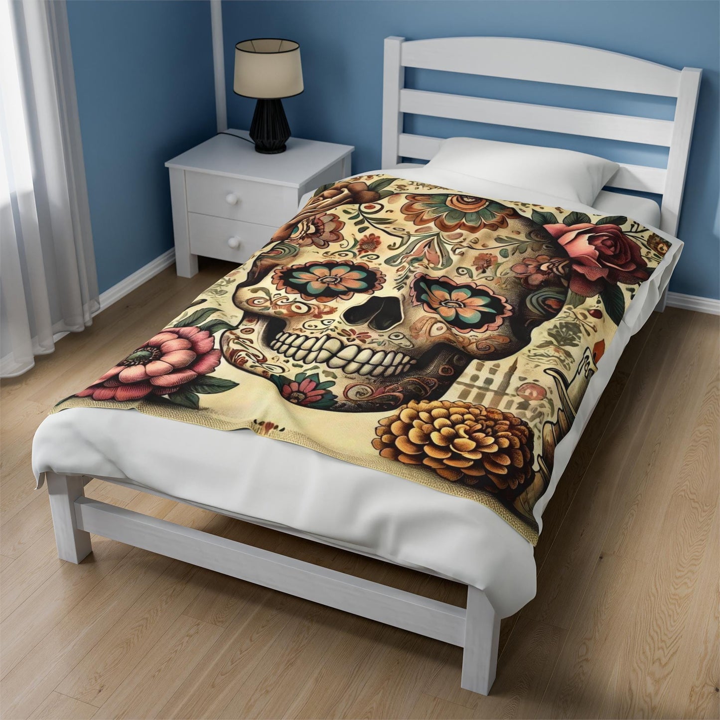 Plush Blanket, Day of the Dead, Sugar Skulls, Housewarming Gift, Soft Fleece Throw, Warm Bedding, Velveteen Blanket, Home Decor, Halloween