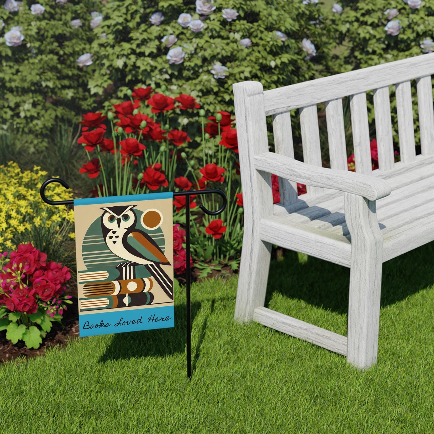 Garden Banner, Book Owl - Mid-Century Modern Theme, Nature Lovers Outdoor Flag Decor, Fall Yard Decoration, Garden Wall Art, Book Lover