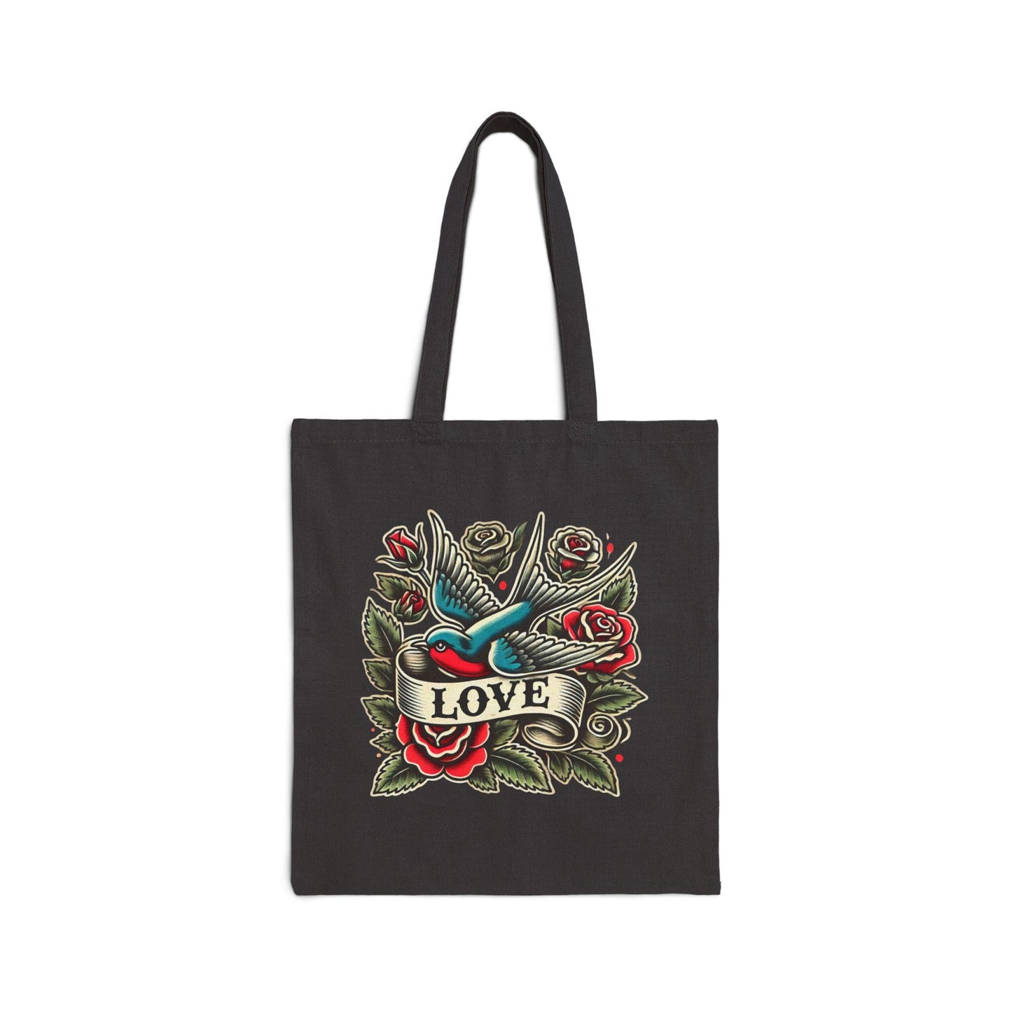 Bird Tote Bag, LOVE Vintage Tattoo Design, Durable Market Bag, Tattoo Lover Gift, Reusable Grocery Bag, Eco-Friendly, Canvas Tote, Nature