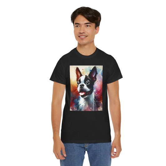 Dog Tee, Boston Terrier Puppy Watercolor Design, Unisex LGBT Boston Dog Lover Gift, Gay Graphic Top, Unisex Heavy Cotton T-shirt, 7 Colors