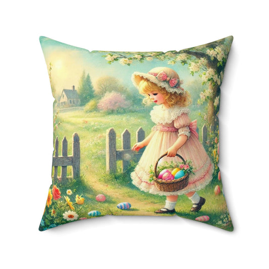 Easter Pillow, Vintage Egg Hunting Girl Design, Retro Charm, Housewarming Gift, Spun Polyester Square Pillow, Nostalgic Home Decor. Holiday