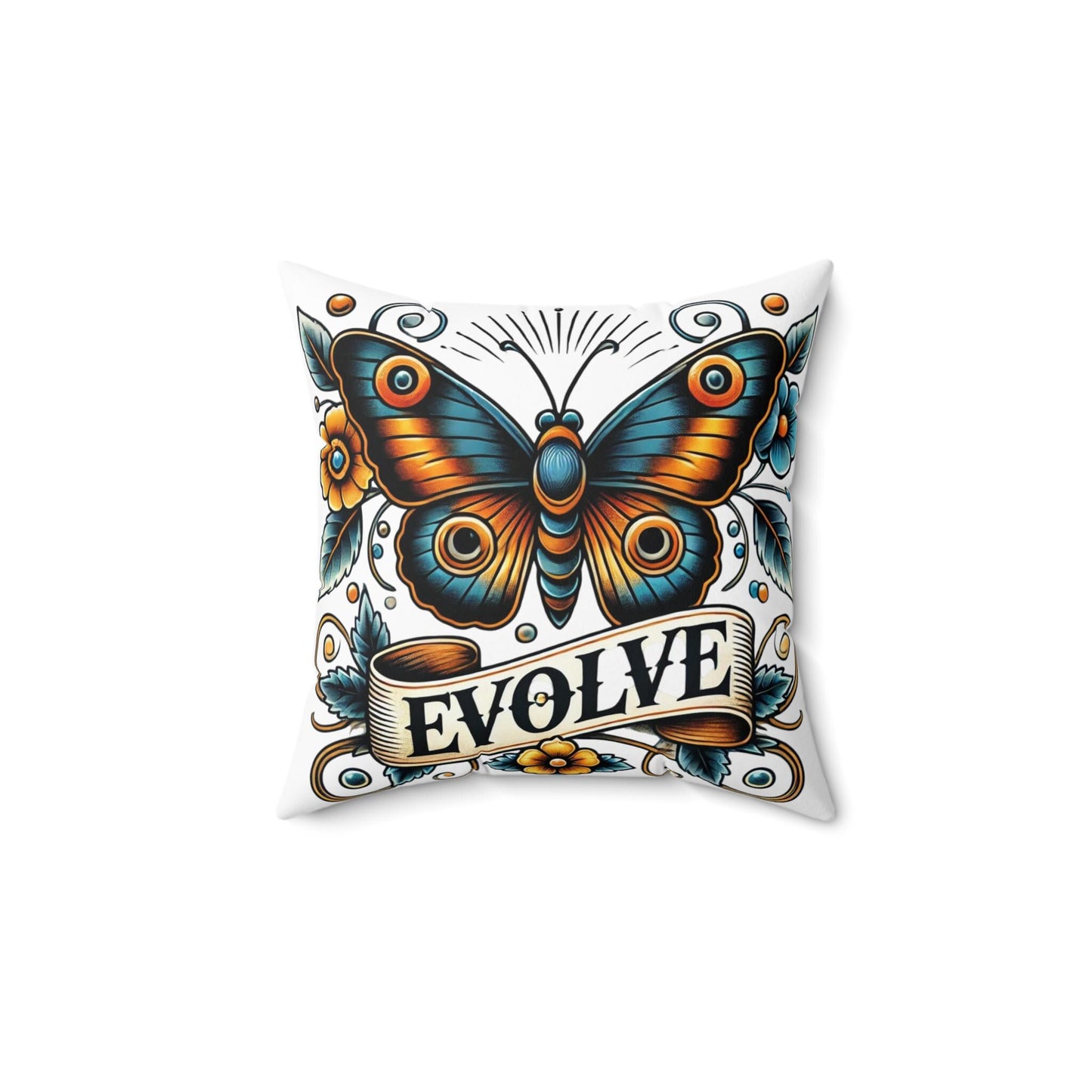 Butterfly Square Pillow, Vintage Tattoo EVOLVE Design, Retro Charm, Housewarming Gift, Spun Polyester Cover, Tattoo Lover, Throw Pillow