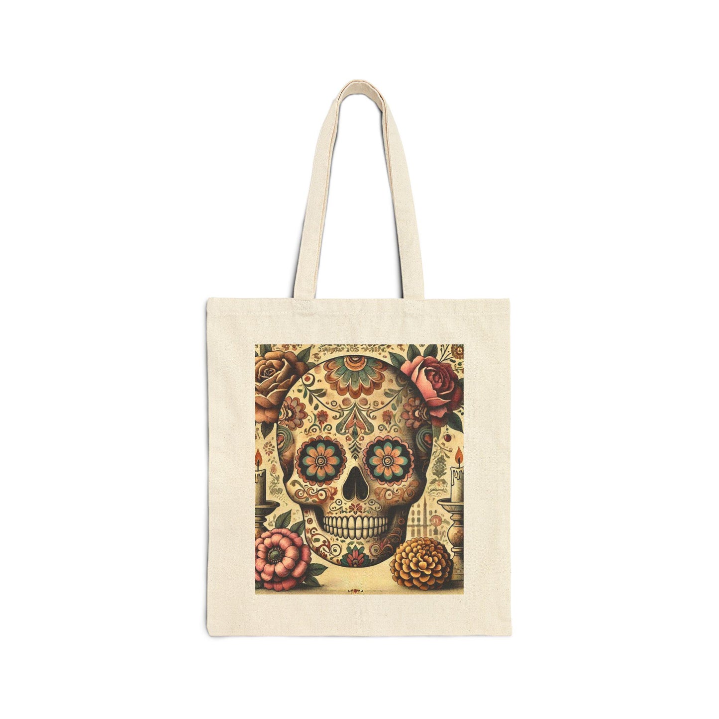 Sugar Skulls Cotton Canvas Tote Bag, Day of the Dead, Durable Market Bag, Boho Shopping Tote, Reusable Grocery Bag, Eco-Friendly Bag