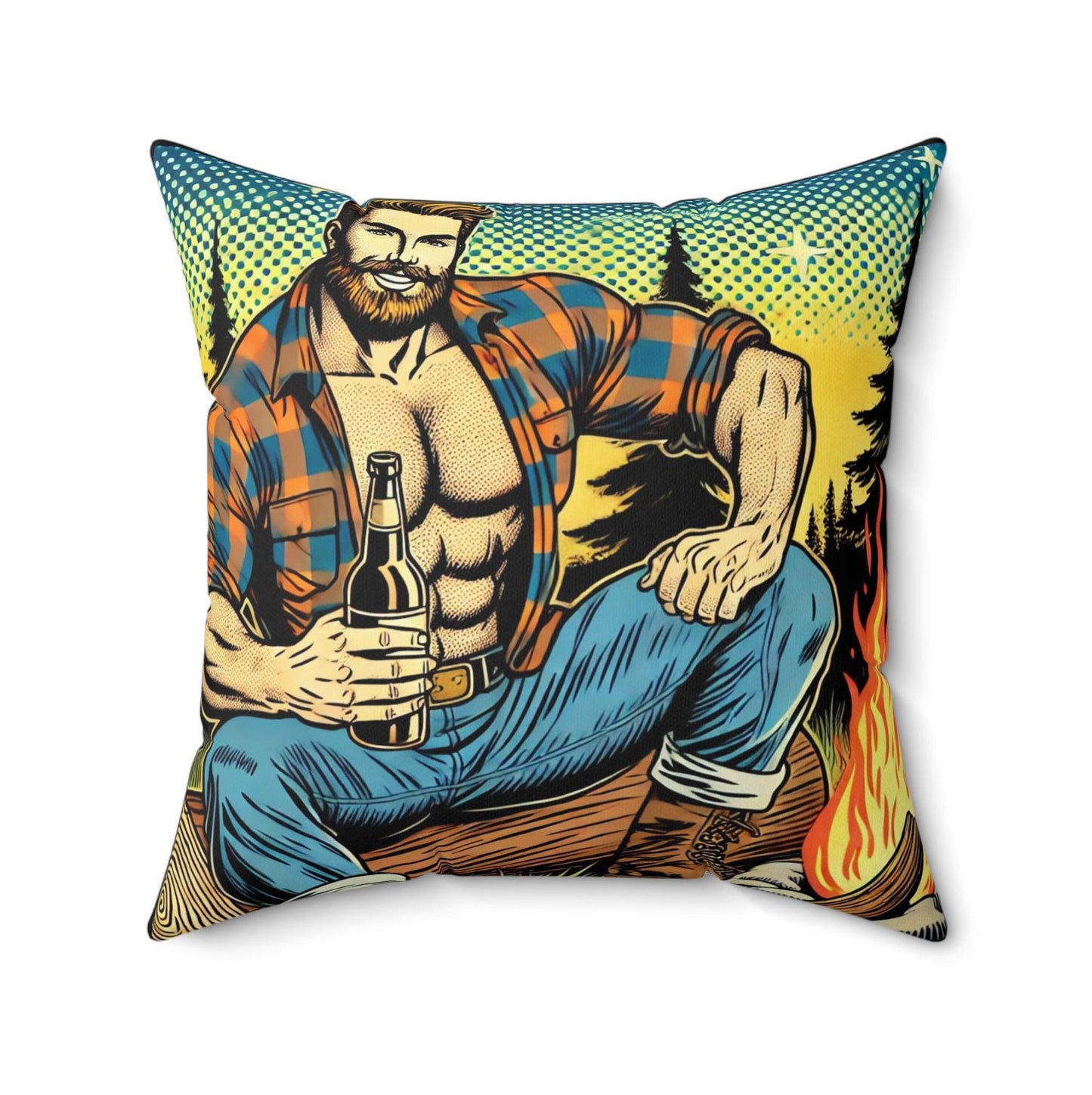 Campfire Daddy Square Pillow, Vintage Pop Art Design, Retro Charm, LGBT Housewarming Gift, Soft Throw Pillow, Gay Rough Trade, Gay Camping