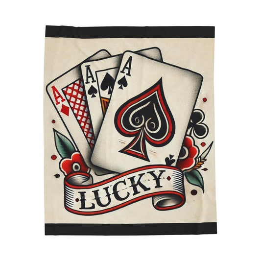 Poker Plush Blanket - Vintage Tattoo LUCKY Design, Fleece Throw, Housewarming Gift, Las Vegas Theme, Warm Bedding, Tattoo Lover