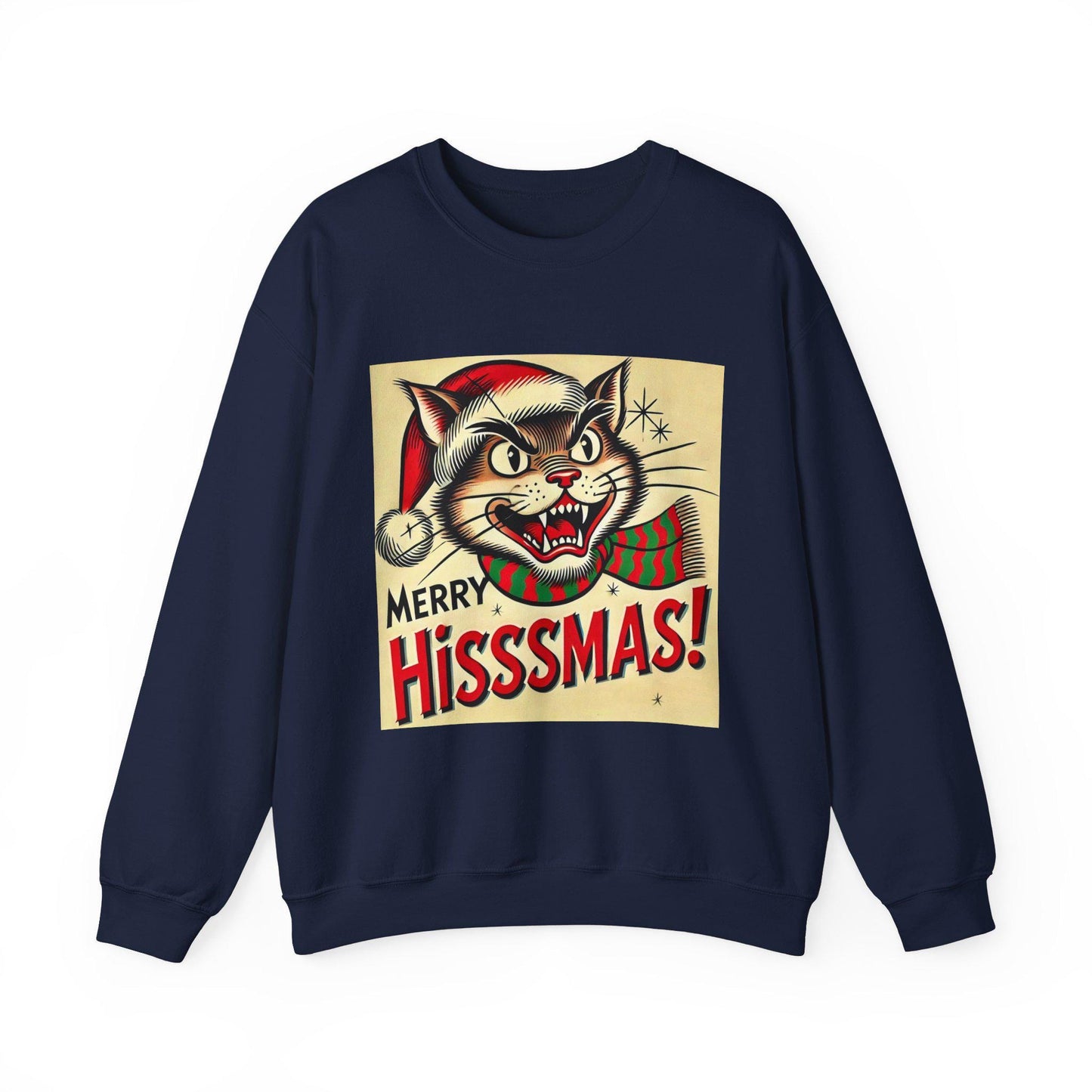 Funny Christmas Cat Unisex Heavy Blend™ Crewneck Sweatshirt, Merry HIsssmas, Cat Lovers Gift, Cat Parents