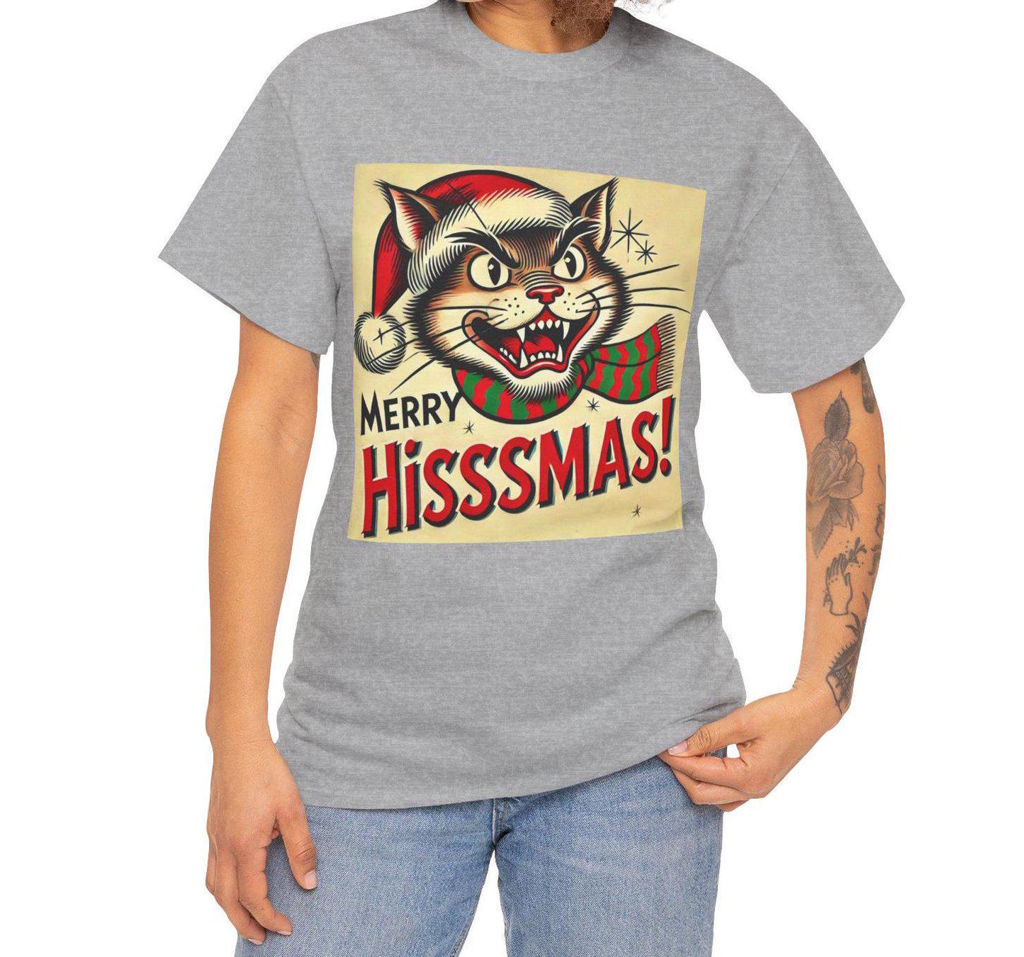 Funny Merry Hisssmas Unisex Tee, Christmas Gift, Cat Lover Shirt, Holiday Graphic Top, Festive Cotton T-Shirt