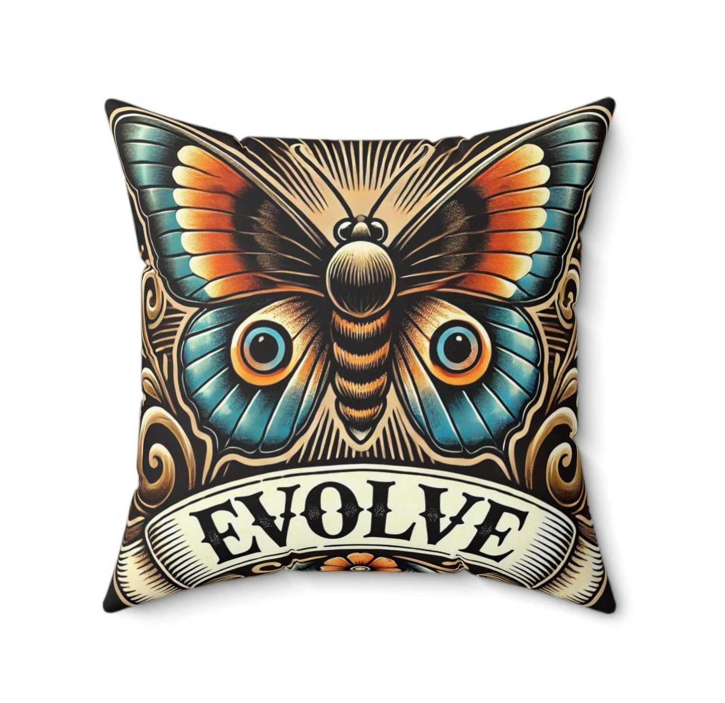 Butterfly Square Pillow, Vintage Tattoo EVOLVE Design, Retro Charm, Housewarming Gift, Spun Polyester Cover, Tattoo Lover, Throw Pillow