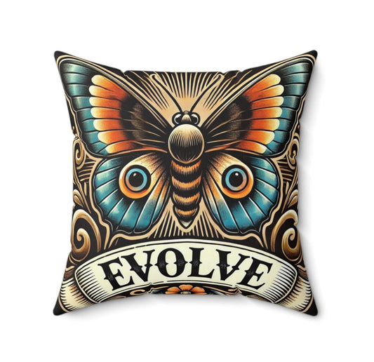 Butterfly Square Pillow, Vintage Tattoo EVOLVE Design, Retro Charm, Housewarming Gift, Spun Polyester Cover, Tattoo Lover, Throw Pillow
