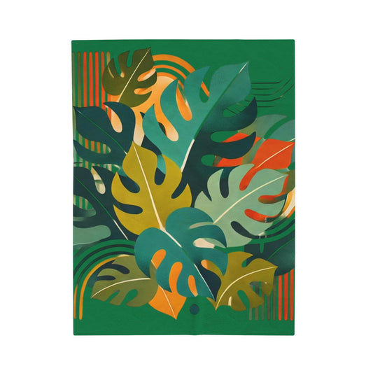 Velveteen Blanket, Monstera Leaf Vintage Mid-Century Design, Plush Throw for Humans and Pets, Modern Decor, Plush Throw