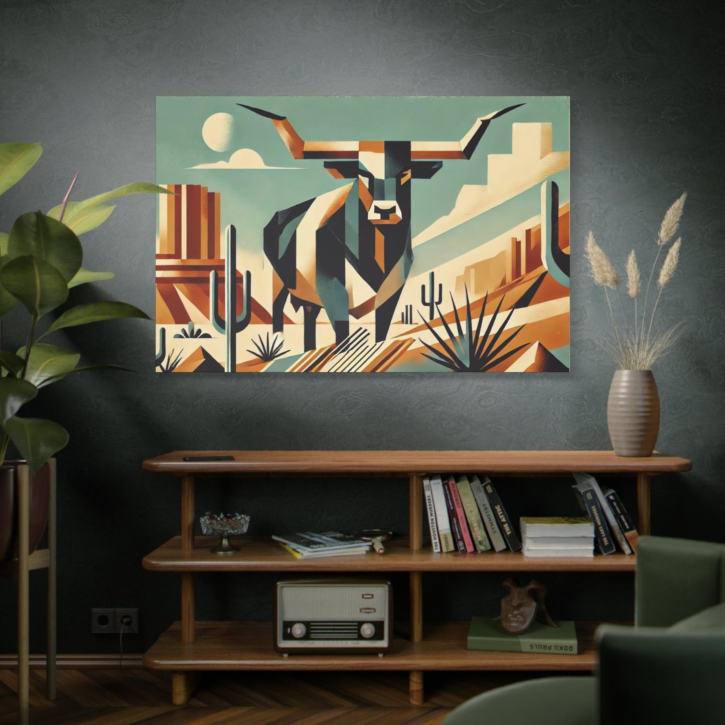 Original Modern Cubist Longhorn Canvas Print, Matte Stretched Art, 7 Sizes Available, Wall Decor, Landscape Painting, Home Office Decor