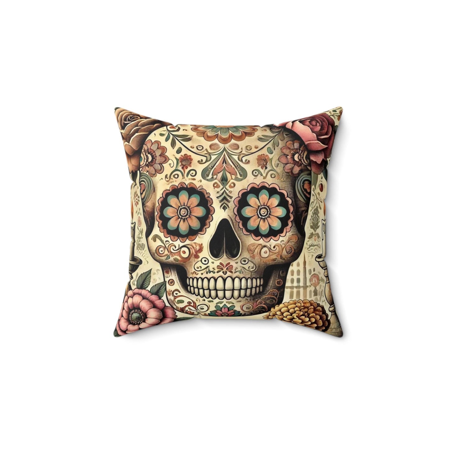 Day of the Dead Square Pillow, Colorful Sugar Skulls, Dia de los Muertos Decor, Halloween Pillow, Day of the Dead Gift, 14x14 Pillow