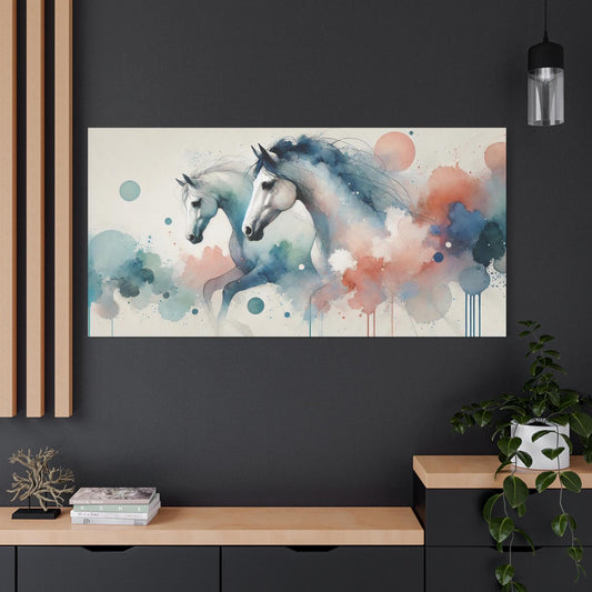 Canvas Print, Original Abstract Watercolor Running Horses Portrait, Matte Stretched Wall Art, 7 Sizes, Landscape Painting, Stately Decor