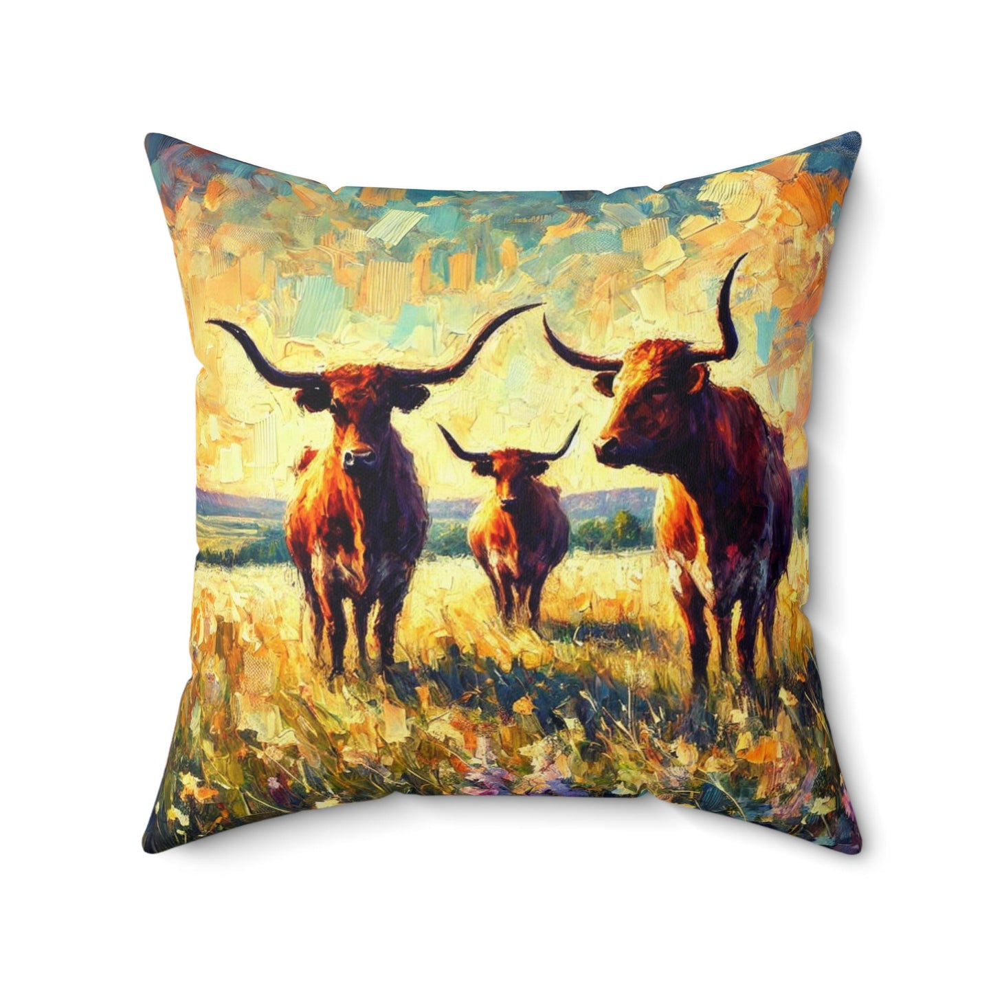 Square Pillow Modern Texas Hill Country Longhorn Design, Housewarming Gift, Rustic Charm, Soft Throw Pillow, Home Decor, Art Lover Gift