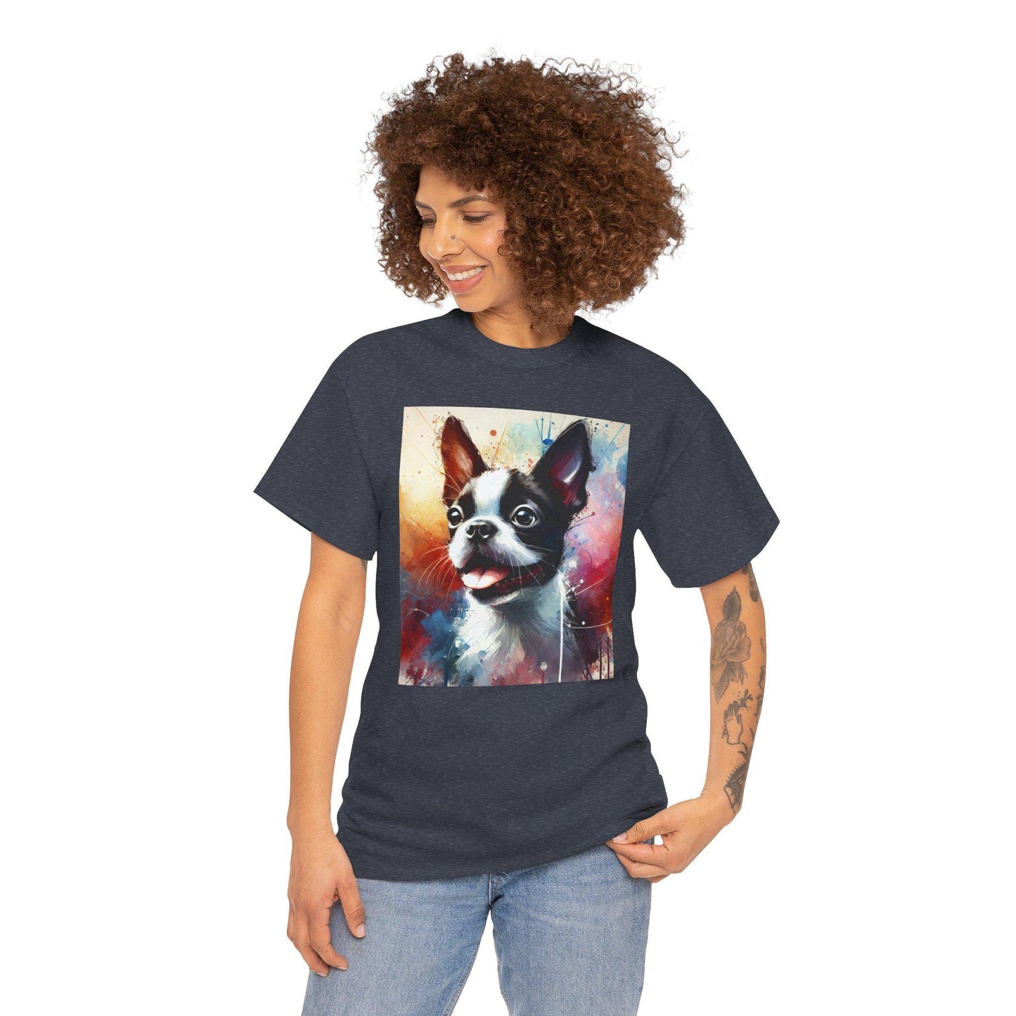Dog Tee, Boston Terrier Puppy Watercolor Design, Unisex LGBT Boston Dog Lover Gift, Gay Graphic Top, Unisex Heavy Cotton T-shirt, 7 Colors